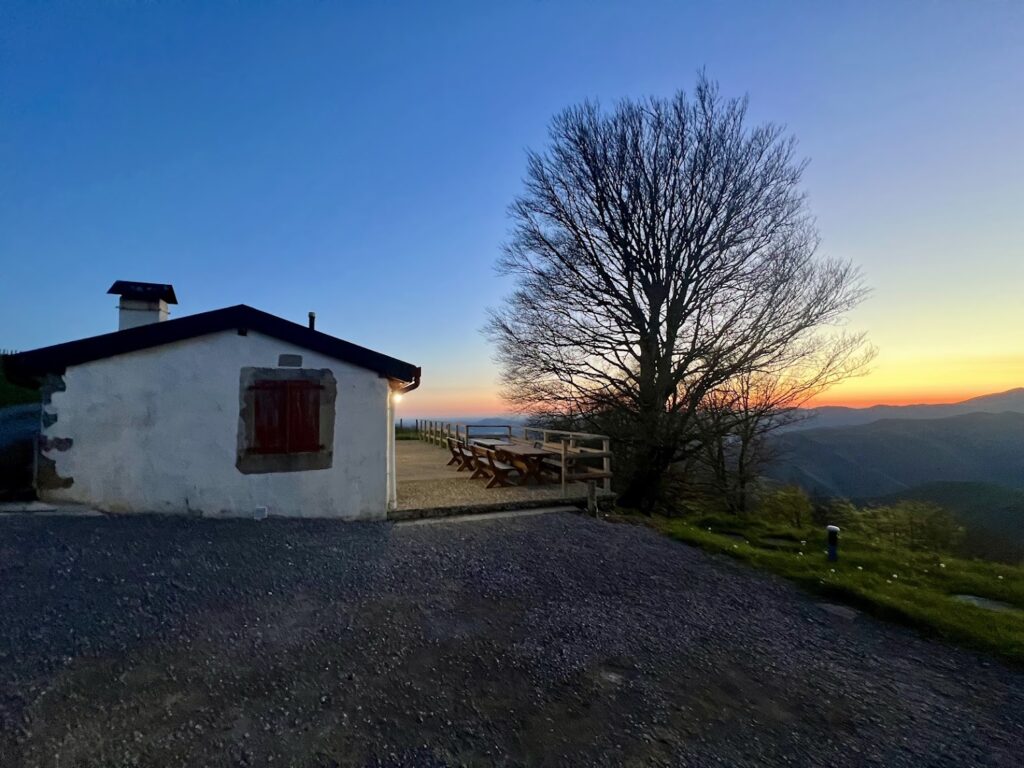 Old rural building with leafless tree at sunrise
